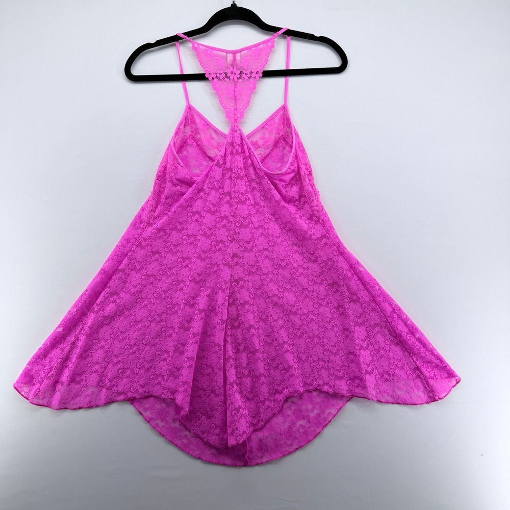 In Bloom by Jonquil Hot Pink Floral Lace Babydoll Chemise Racerback Small